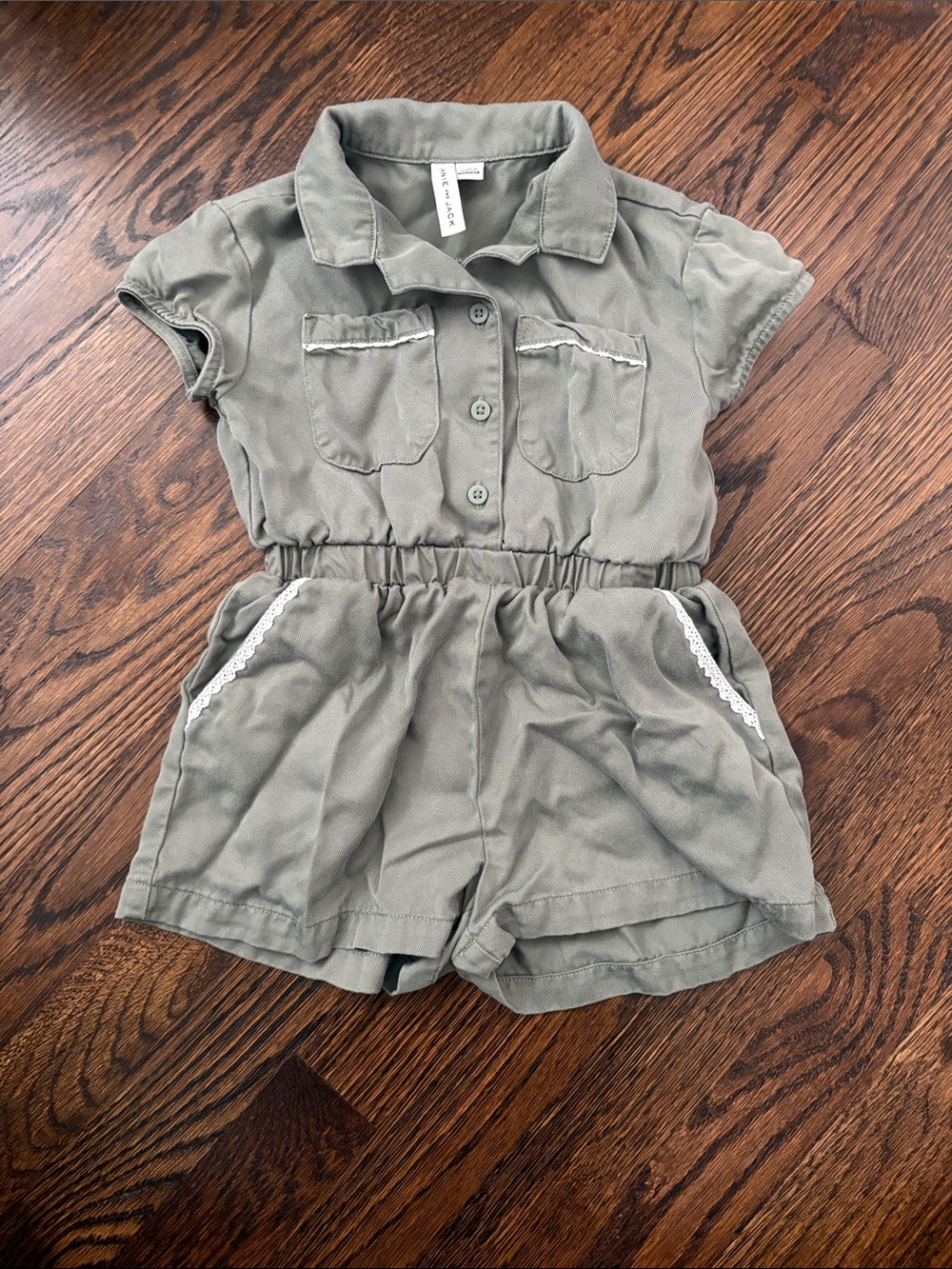 Janie and Jack Olive Green Short-Sleeve Romper with Lace Trim